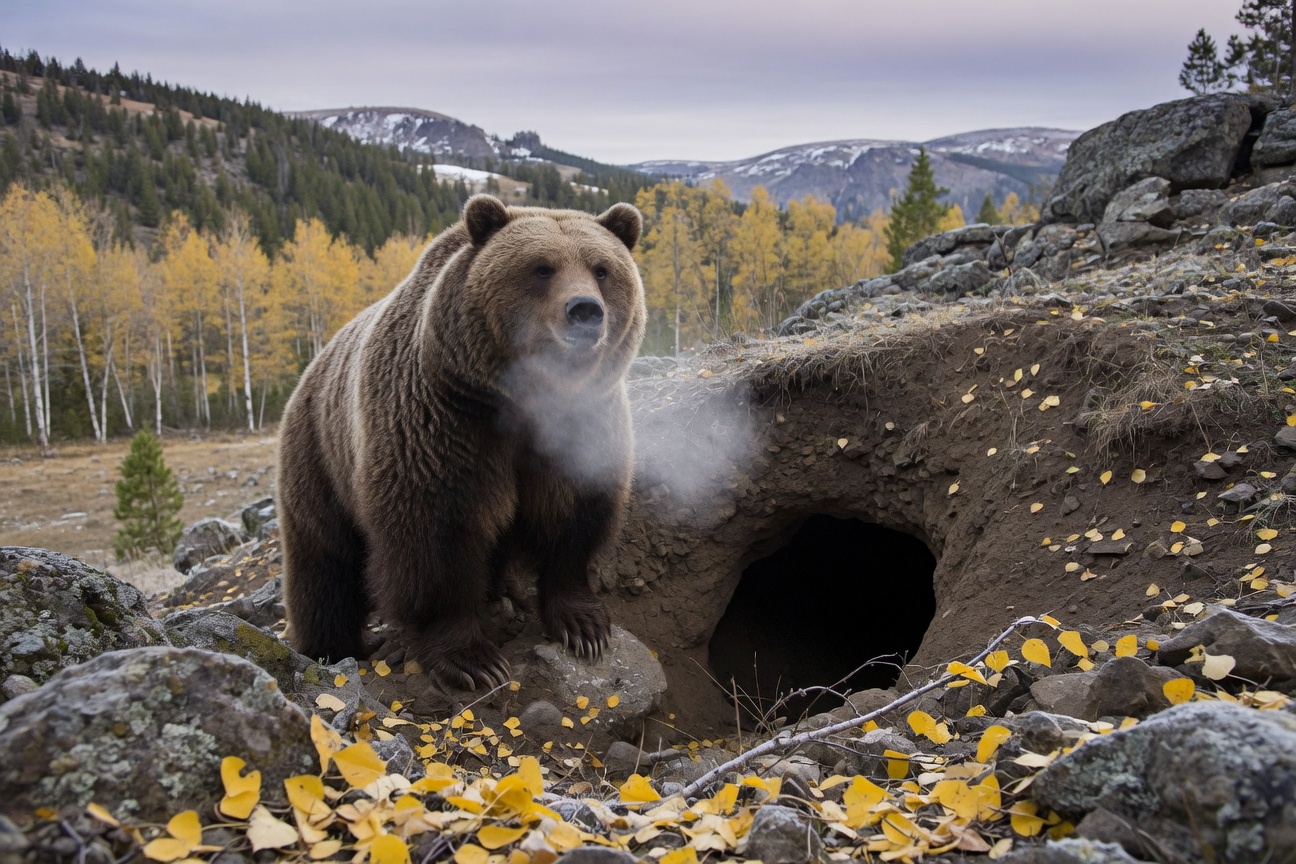 A brown bear stands near a den entrance in a rocky autumn landscape with visible breath.