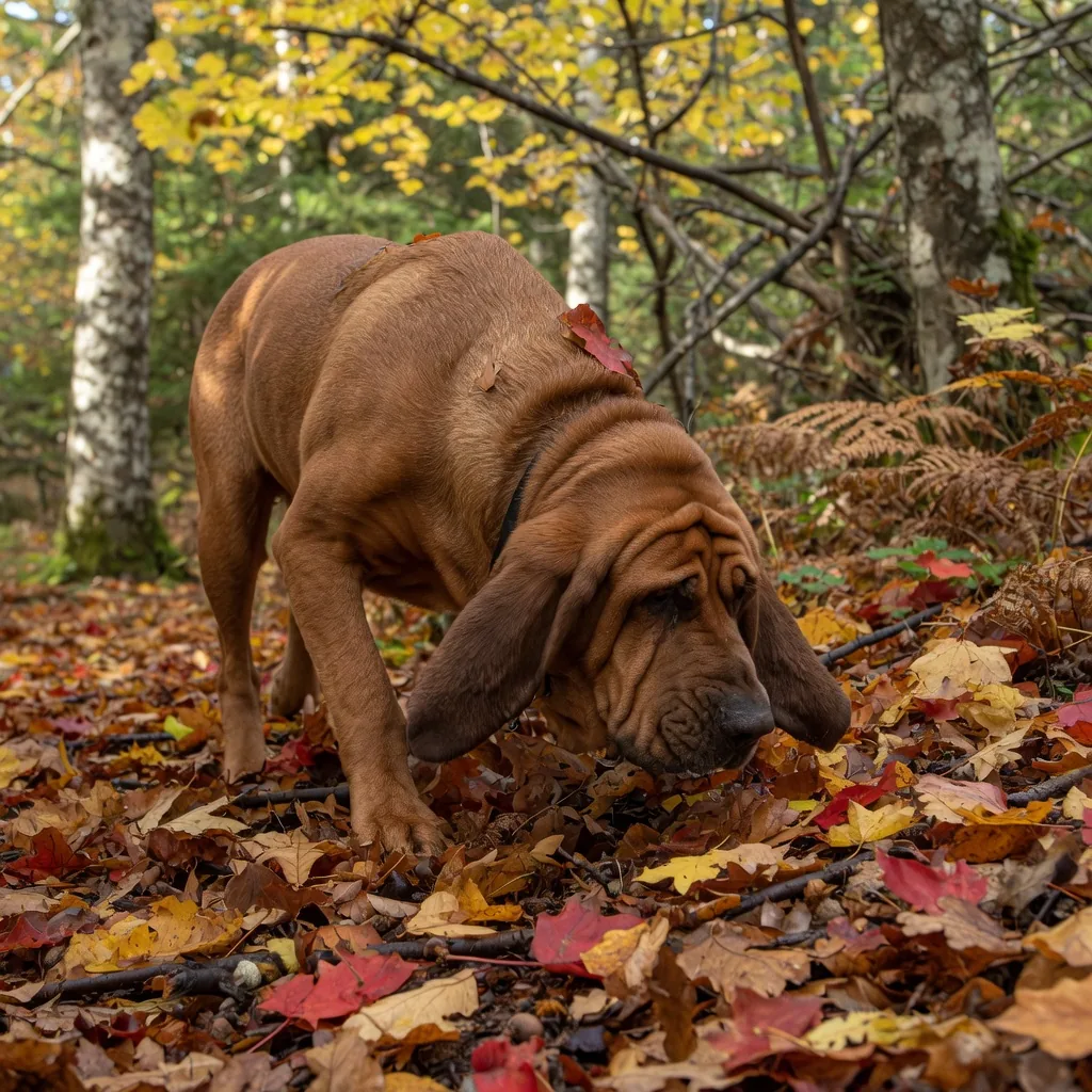 A bloodhound with its nose to the ground, following a scent trail through autumn woodland