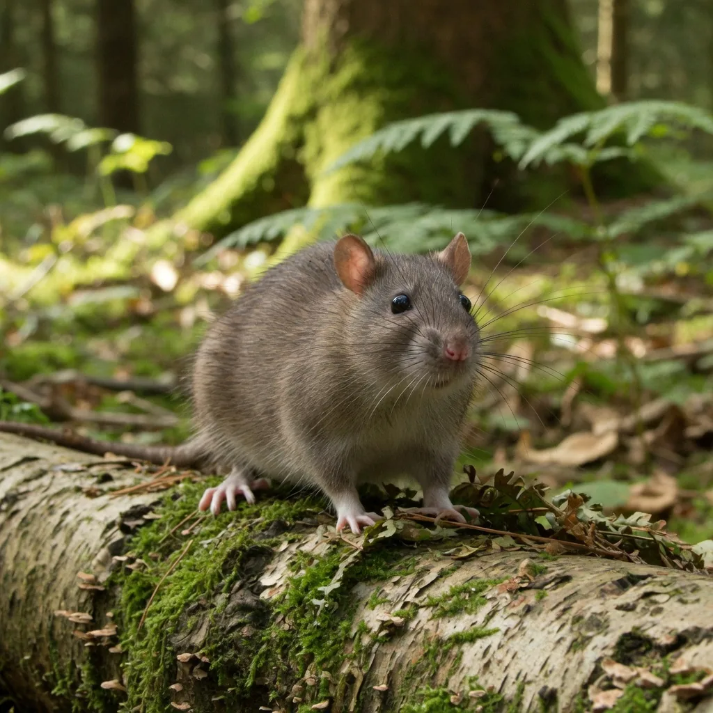 A brown rat on a mossy log, nose twitching to detect scents in its woodland environment