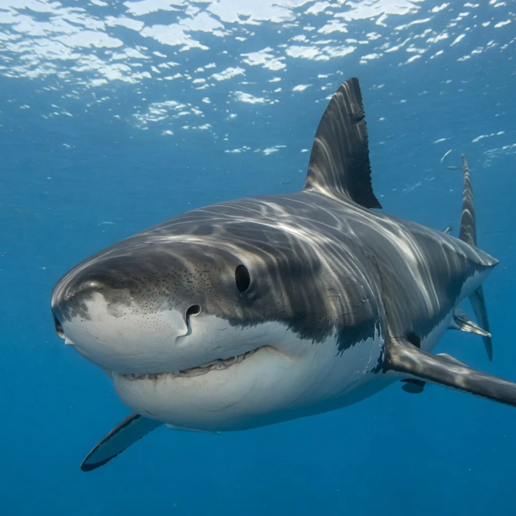 A great white shark underwater, nostrils visible on the underside of its broad snout