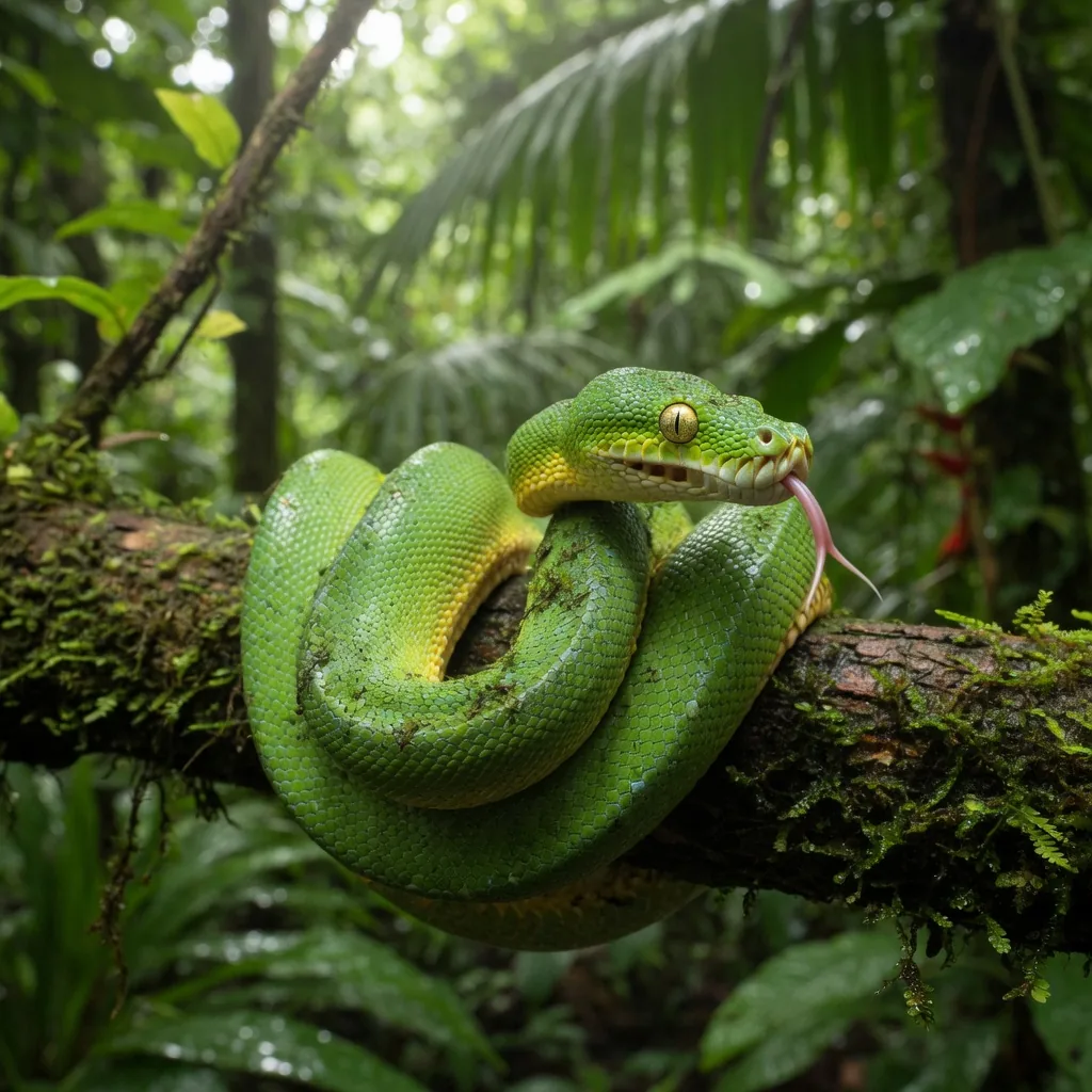 A snake with its forked tongue fully extended, tasting the air in a mossy forest
