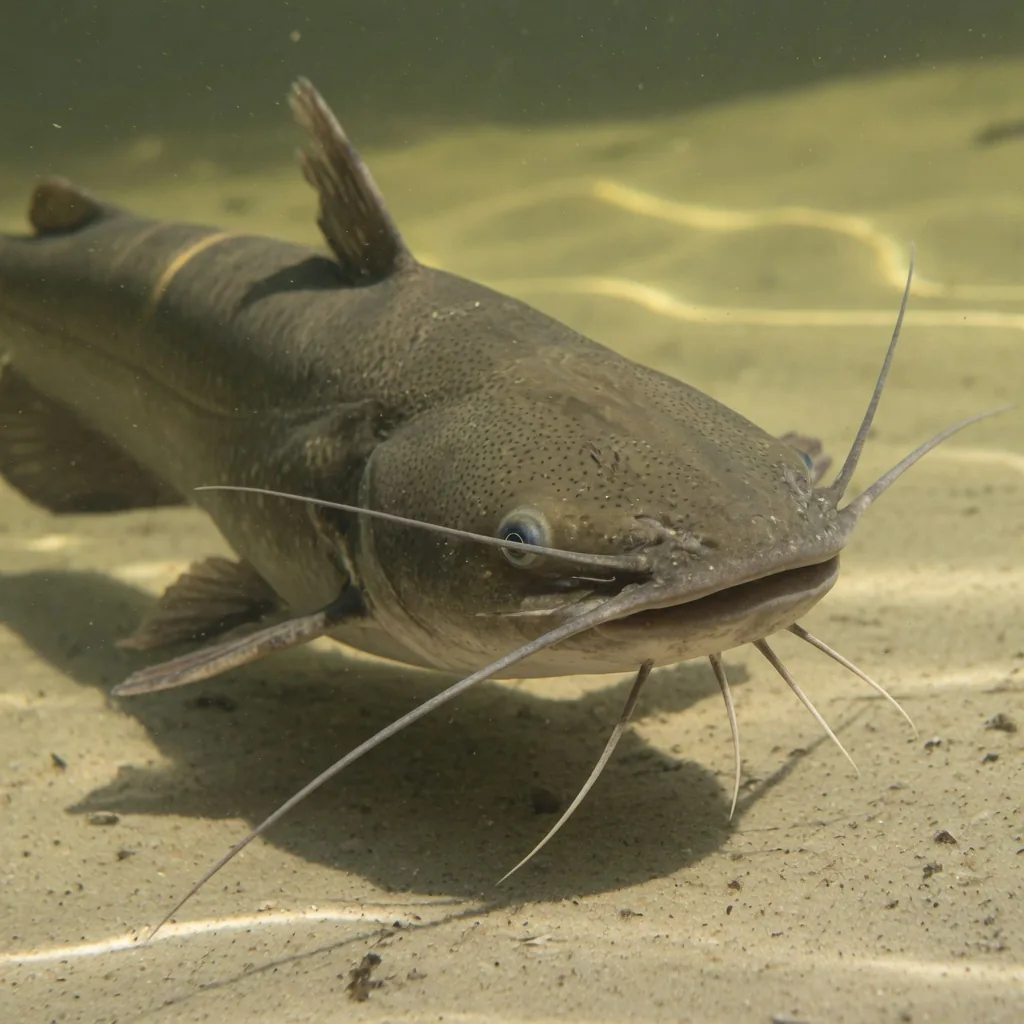 A channel catfish underwater showing its prominent whisker-like barbels, which are packed with taste buds