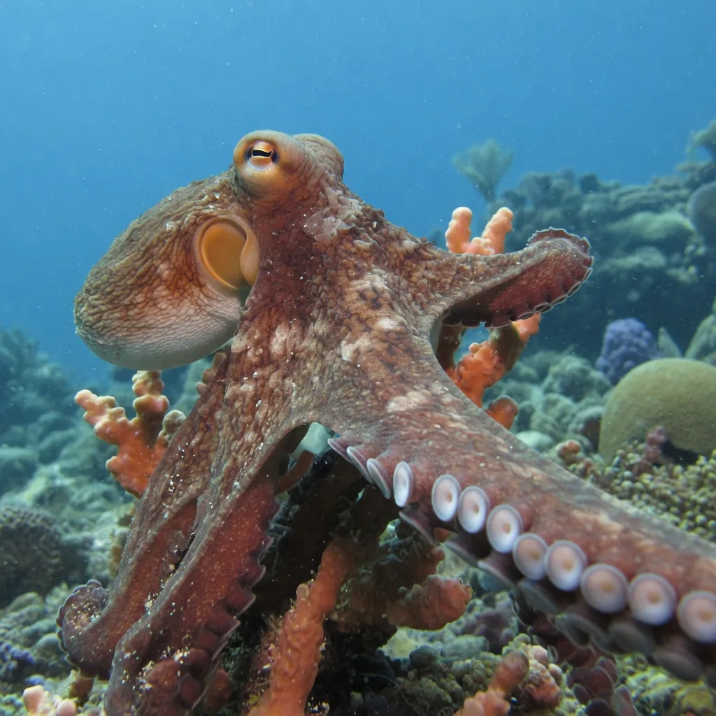 An octopus reaching one arm toward its prey, suckers clearly visible, each sucker holds around 10,000 taste receptors