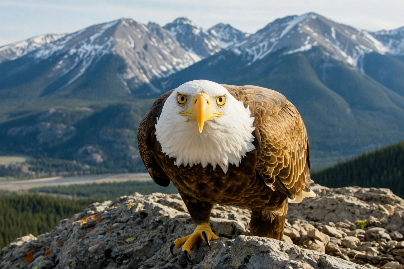 A bald eagle perches on a rocky outcrop, gazing forward with snow-capped mountains and a forested valley in the background.