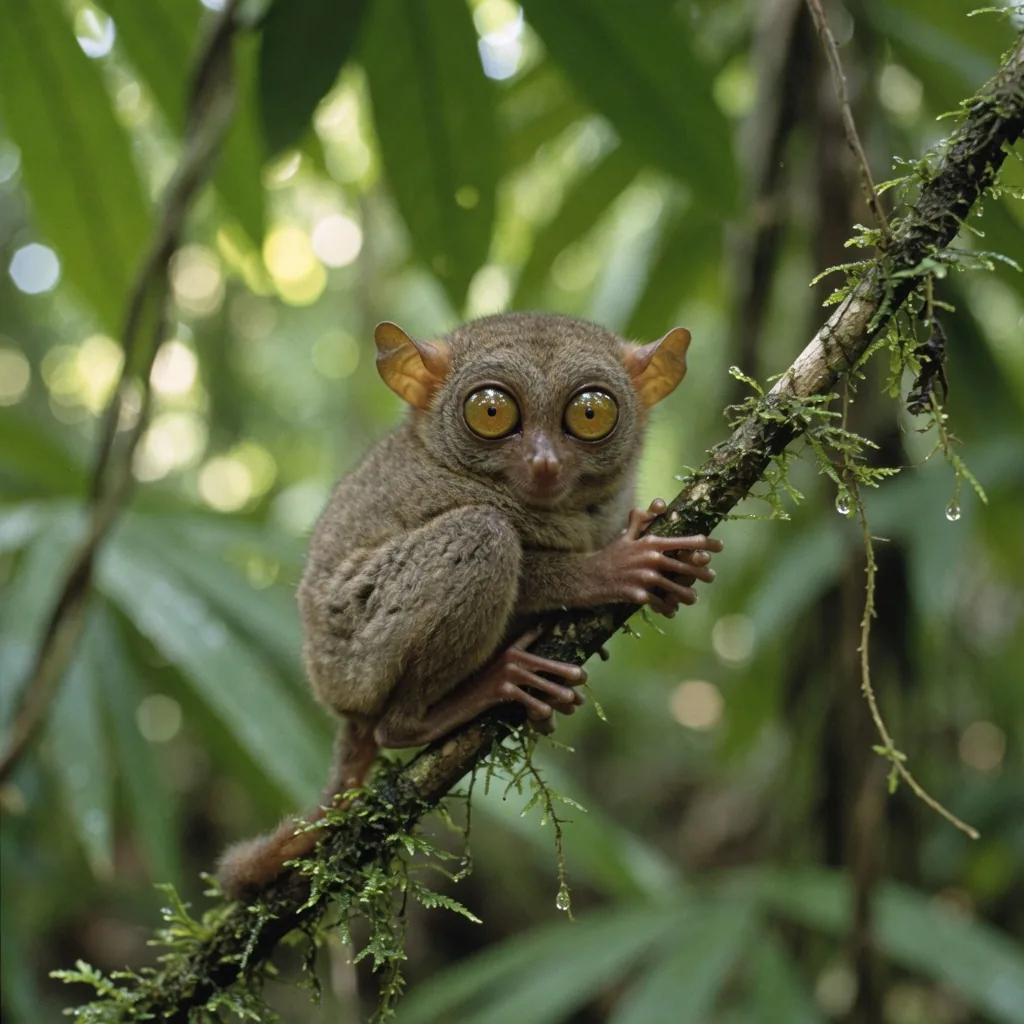 A tarsier clinging to a branch, enormous golden eyes dominating its tiny face