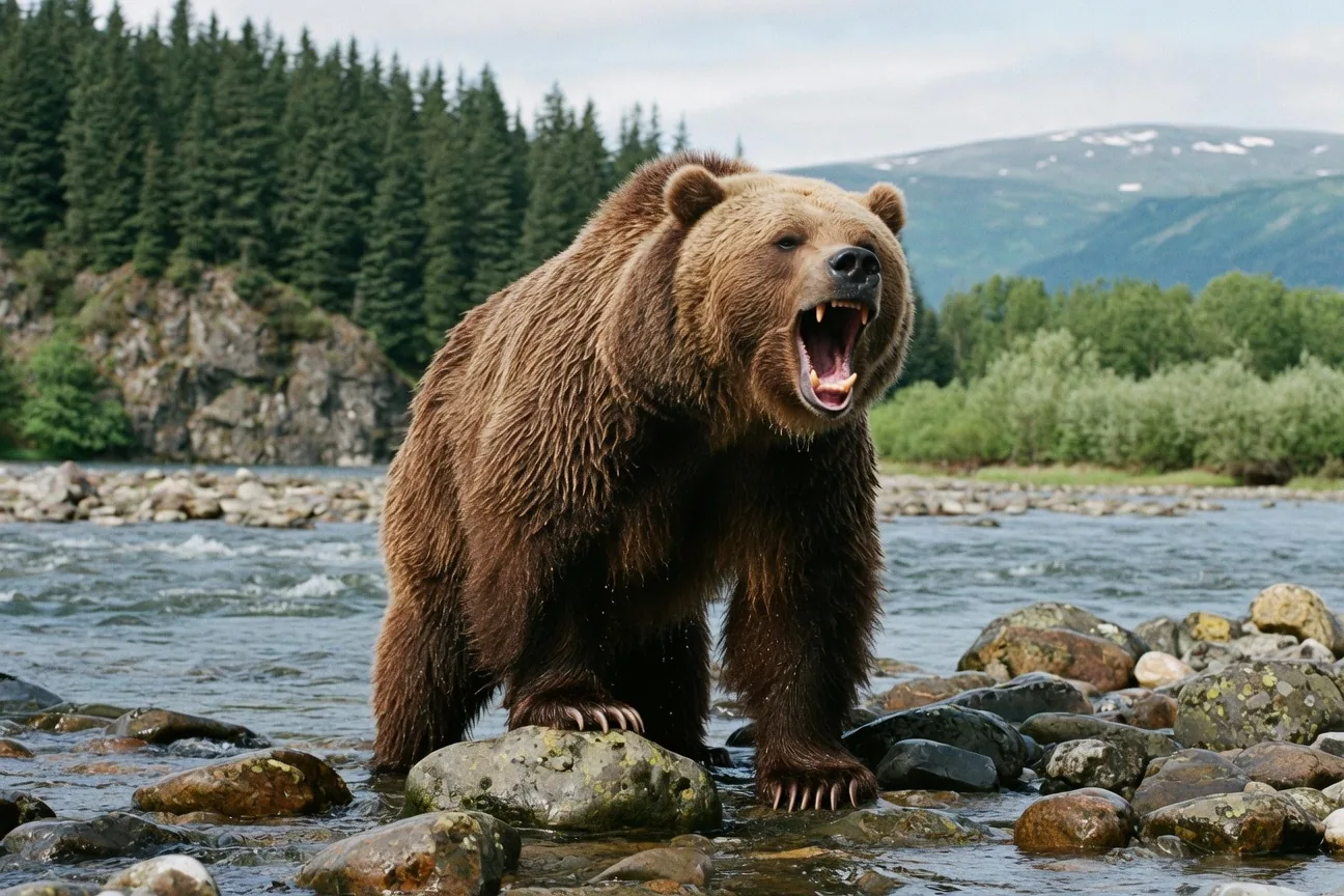 Grizzly bear with wide open mouth showing powerful jaws and teeth