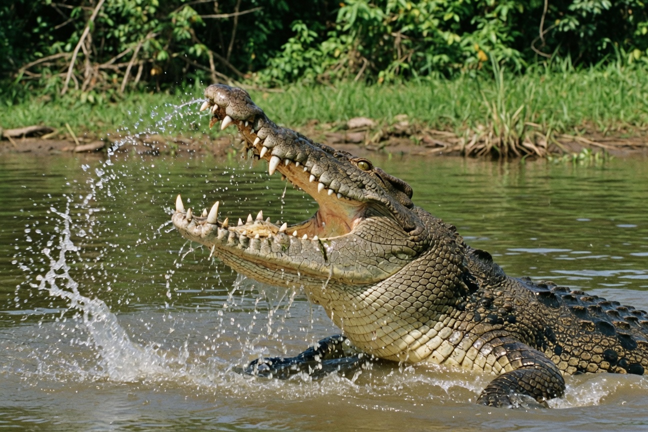 A crocodile emerges from the water with its jaws wide open, showing sharp teeth and splashing droplets near a river bank.