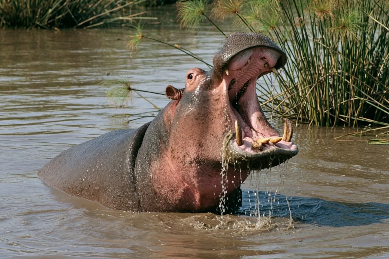 Hippopotamus with massive jaws wide open showing enormous ivory canine teeth