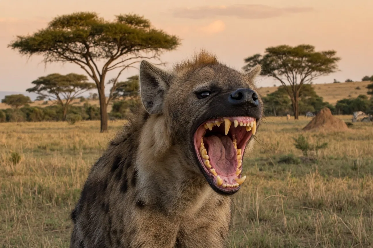 Spotted hyena snarling with powerful bone-crushing jaw visible
