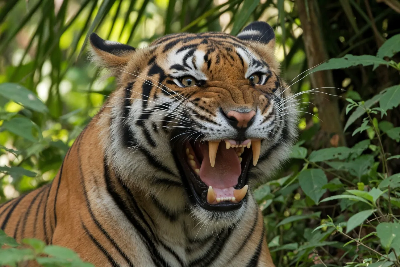 Tiger mid-roar showing massive open jaw and long curved canine teeth