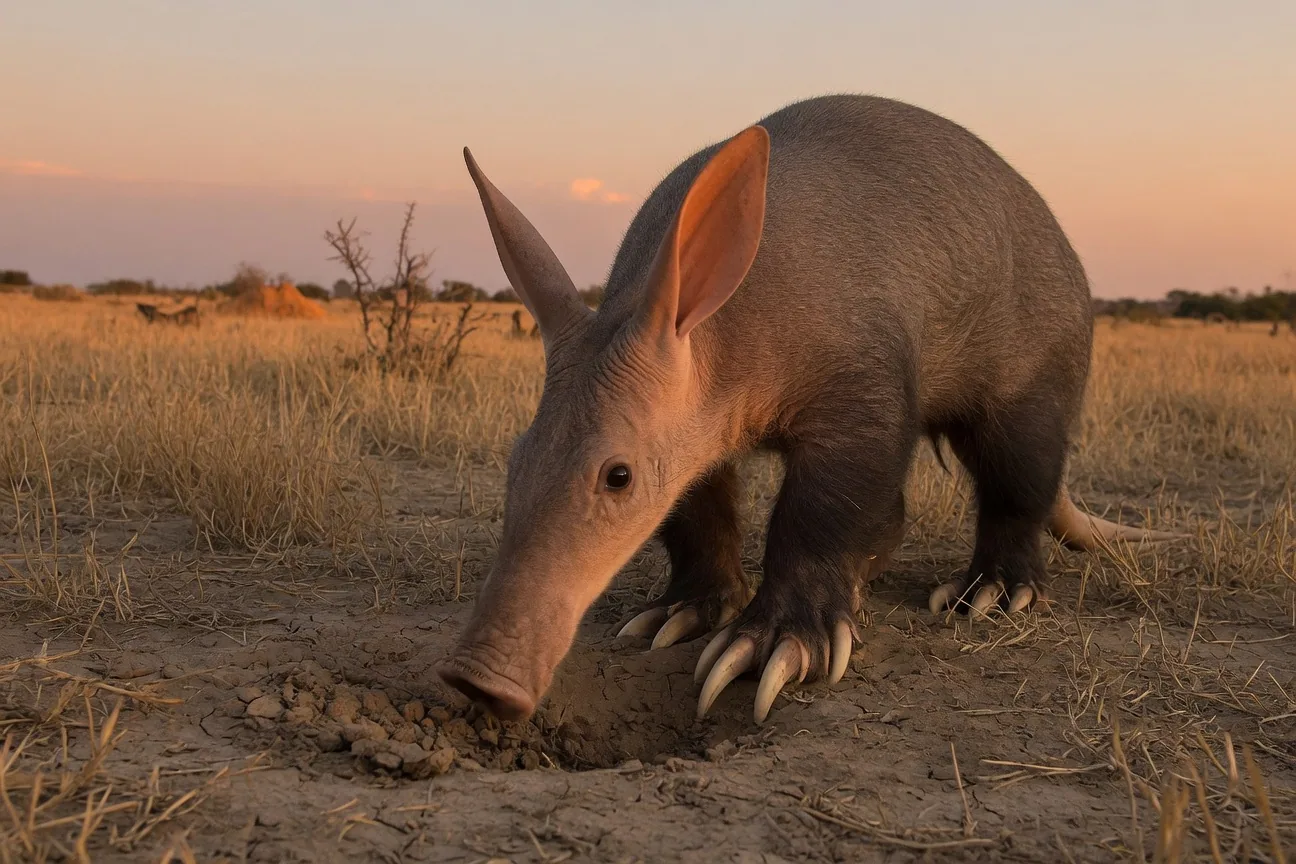 Aardvark foraging at night on the African savanna, swinging its long pig-like snout close to the ground