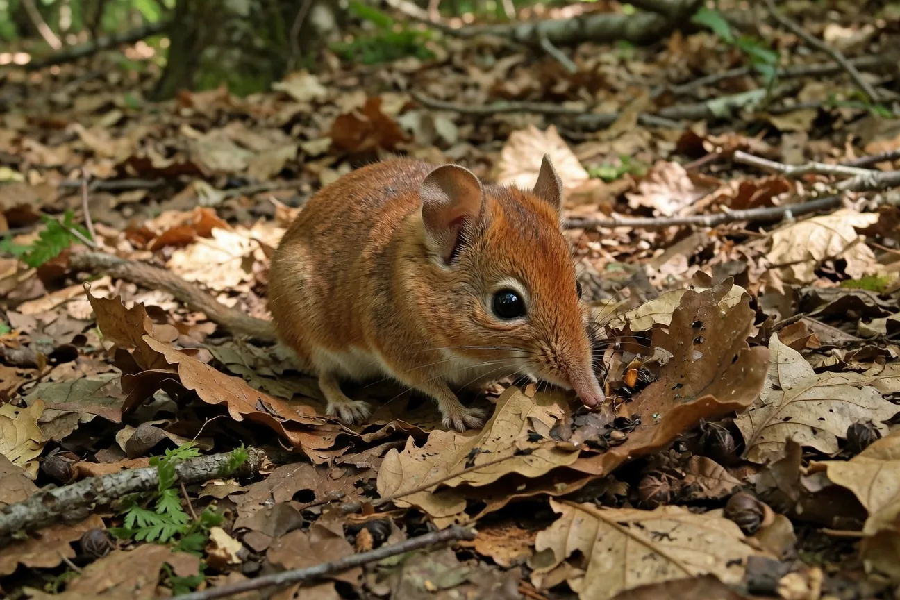 Elephant shrew with long flexible pointed snout on forest floor, hunting insects in leaf litter