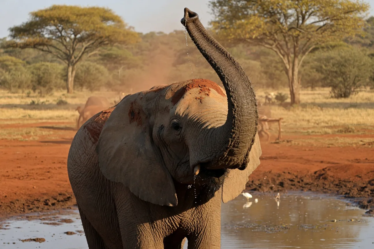 African elephant raising its trunk at a watering hole, showing the muscular intricate tip with two nostrils