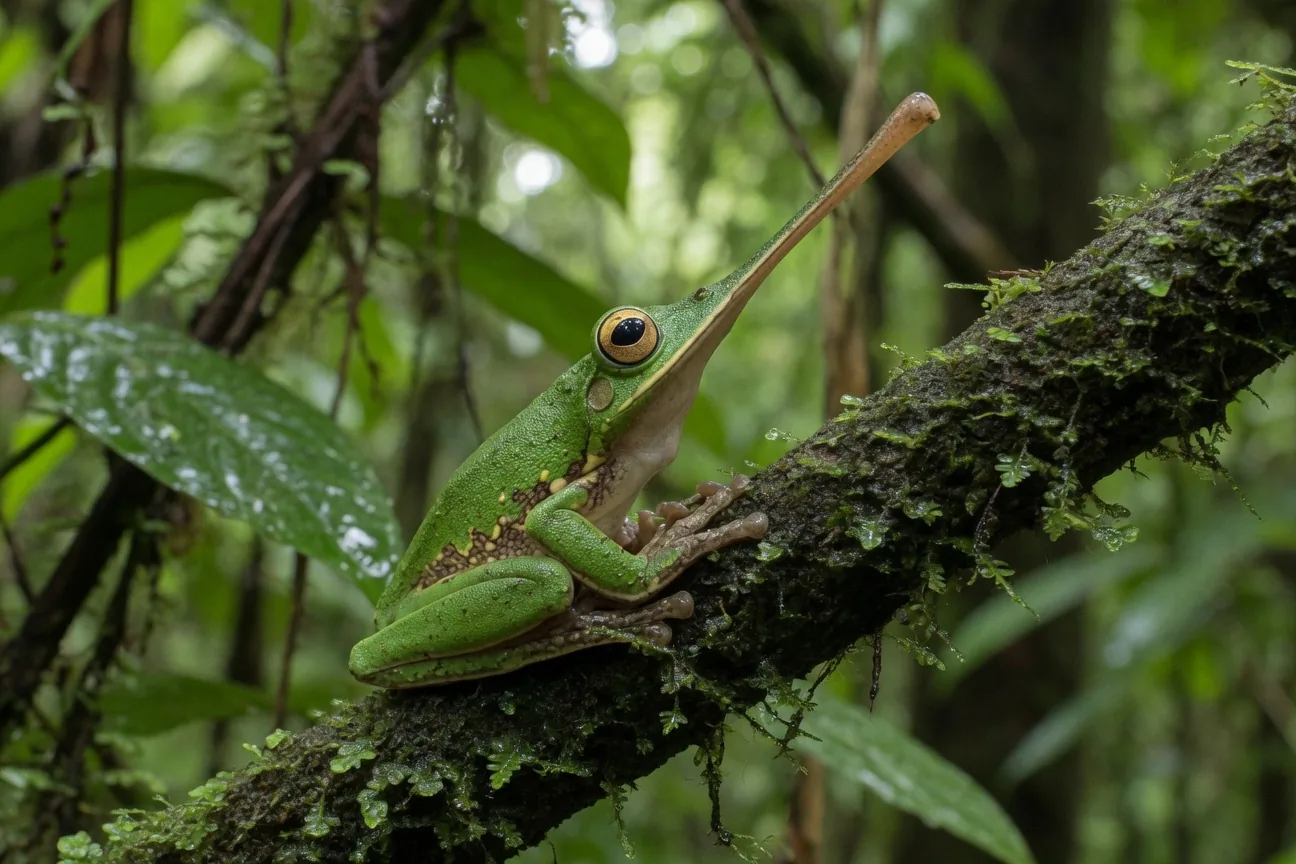 Pinocchio tree frog on a mossy branch in Indonesia, with its distinctive pointed upward nose