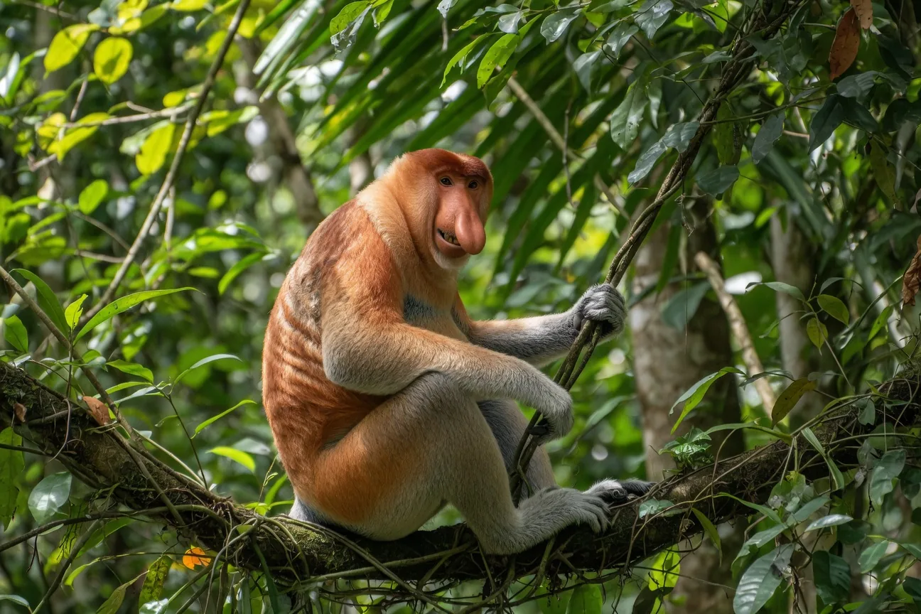 Male proboscis monkey with enormous pendulous nose in Borneo rainforest