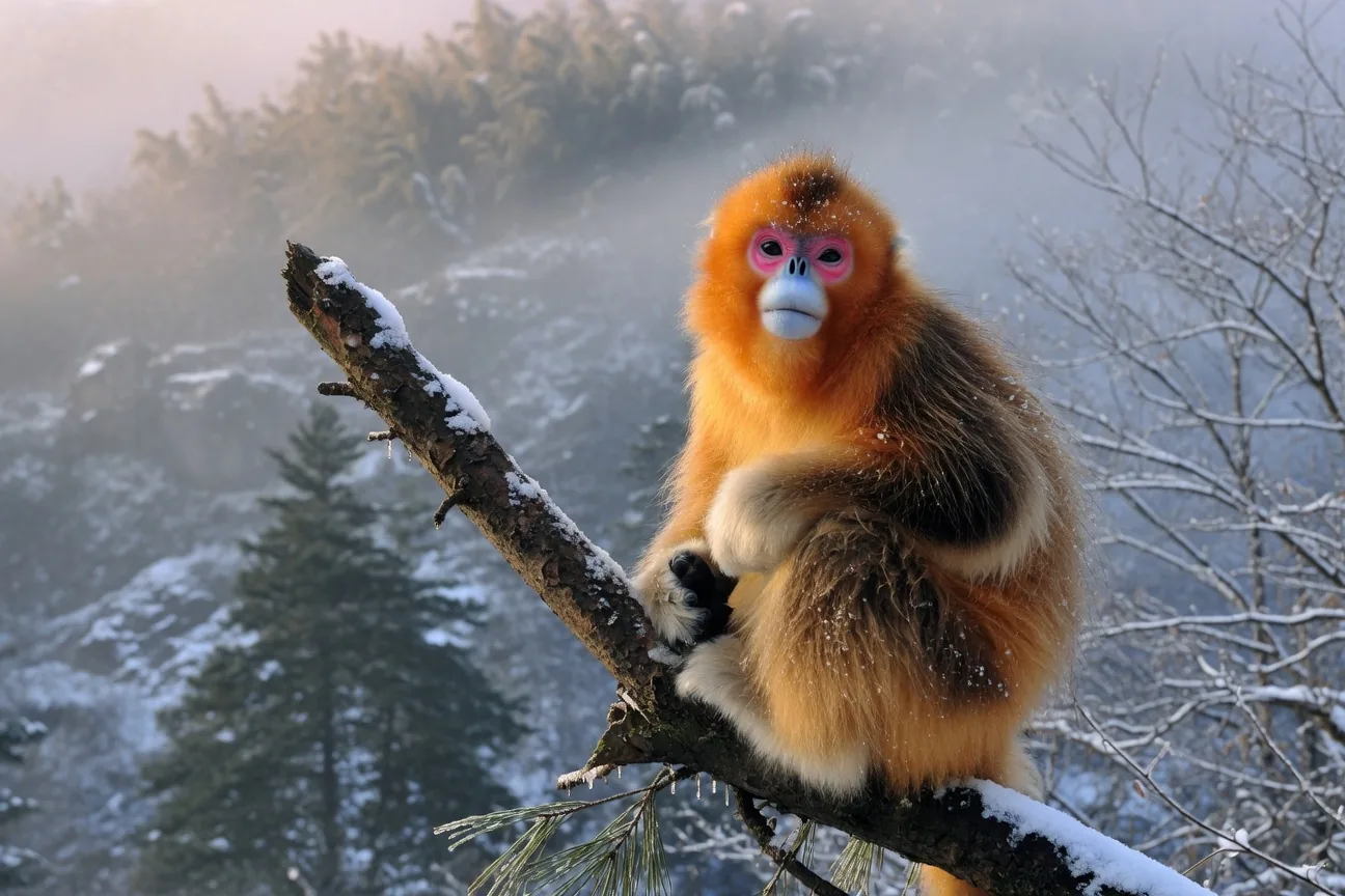 Golden snub-nosed monkey with upturned flat nose, brilliant golden fur, in Chinese mountain forest