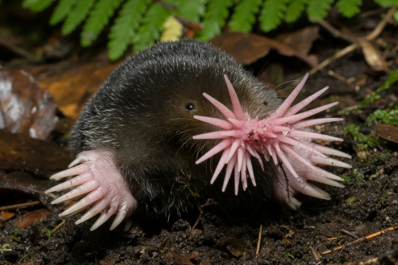 Star-nosed mole with its remarkable pink 22-tentacled star nose emerging from earth