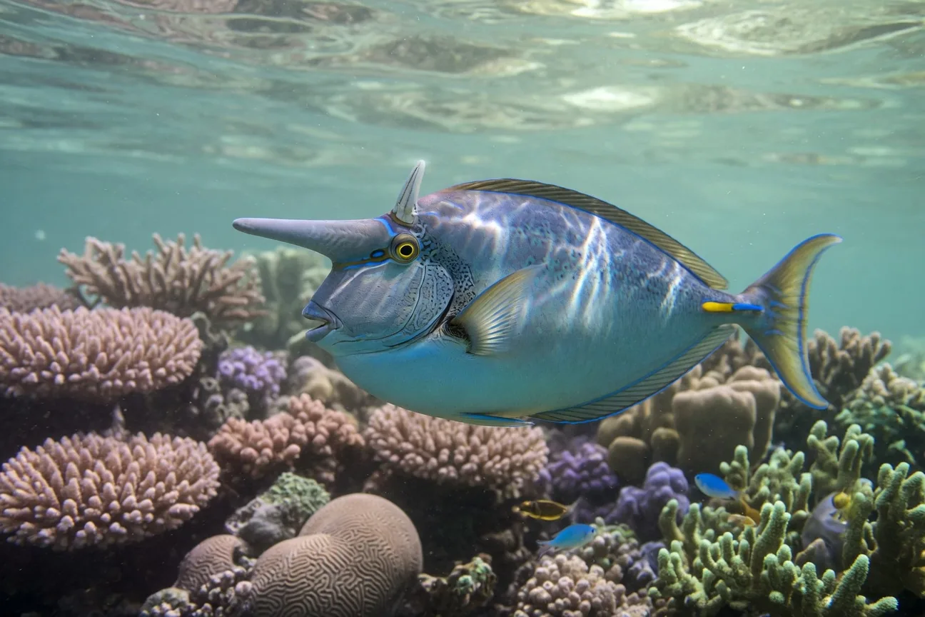 Unicornfish swimming in coral reef, its distinctive bony horn protruding forward from the forehead