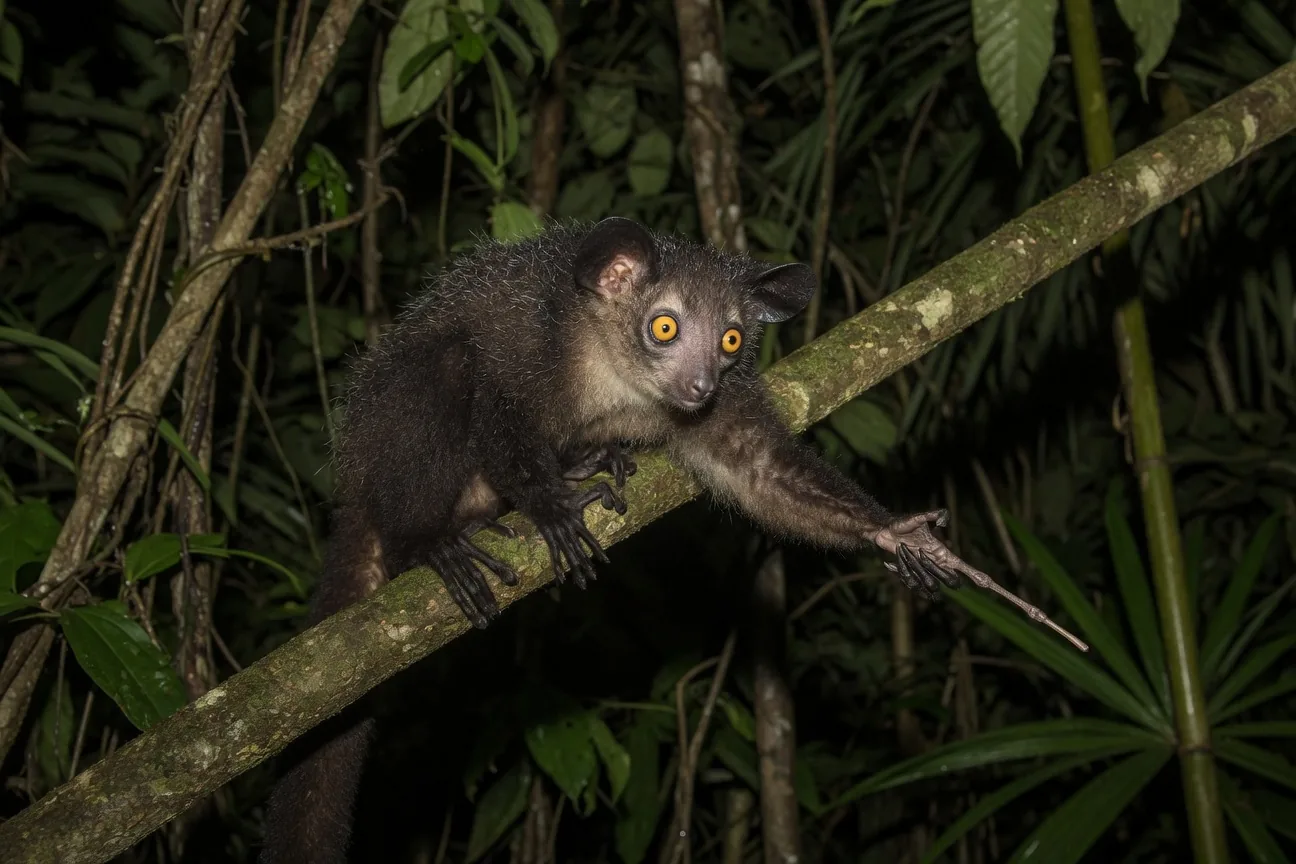 Aye-aye lemur, with its huge eyes and distinctive elongated middle finger