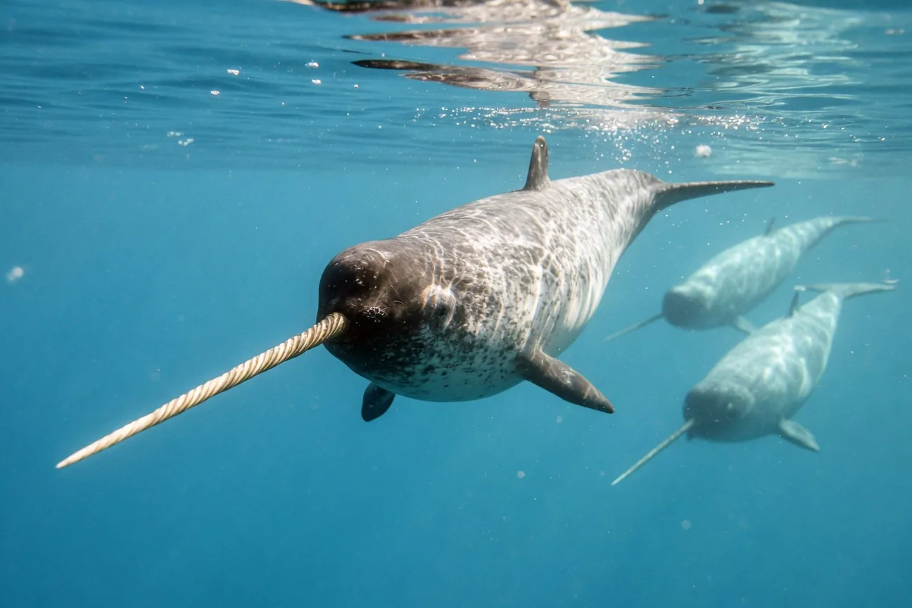 Narwhal swimming in Arctic waters, its long spiral tusk extending forward