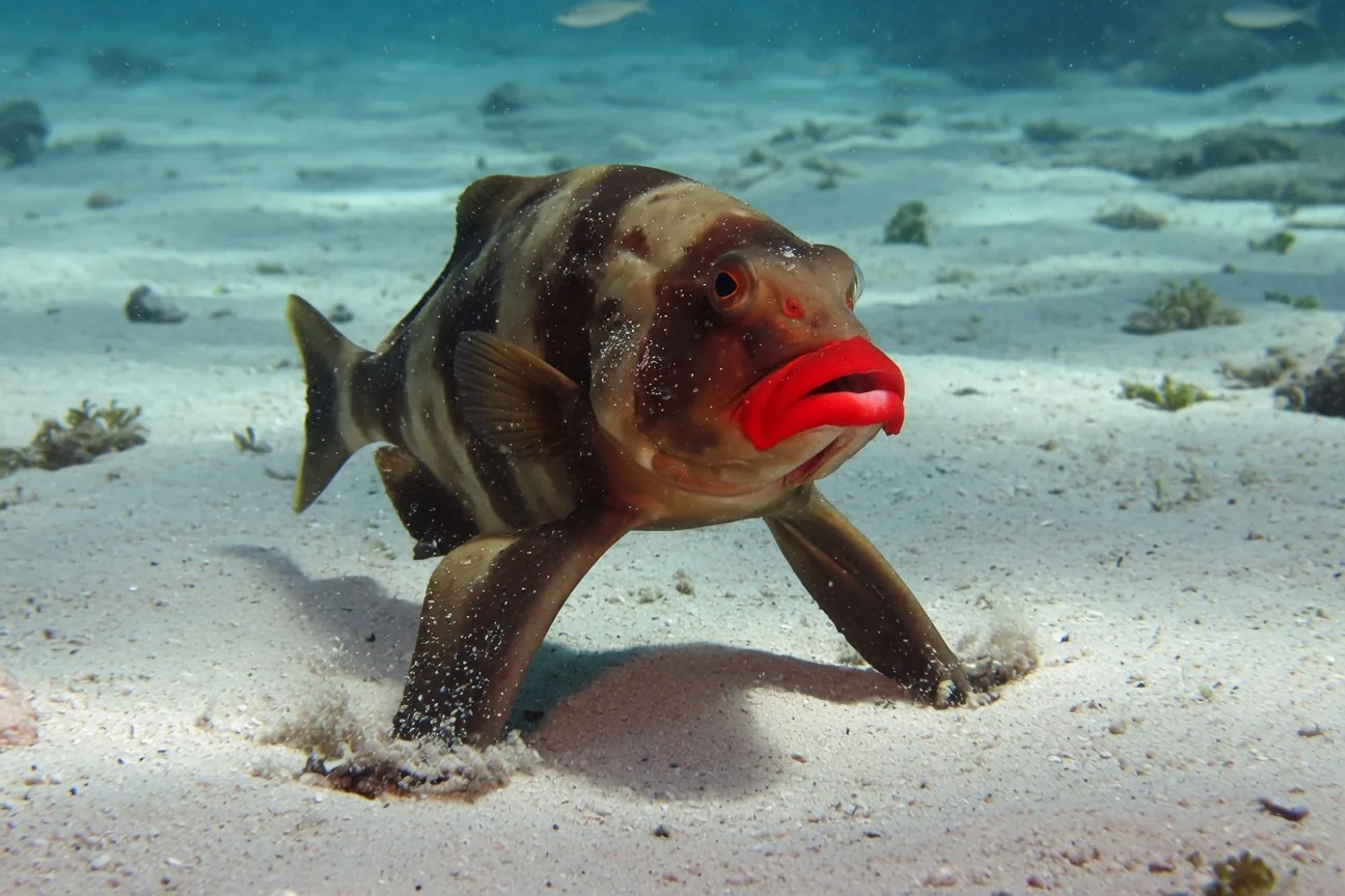 Red-lipped batfish with its vivid scarlet lips walking on fins along the ocean floor