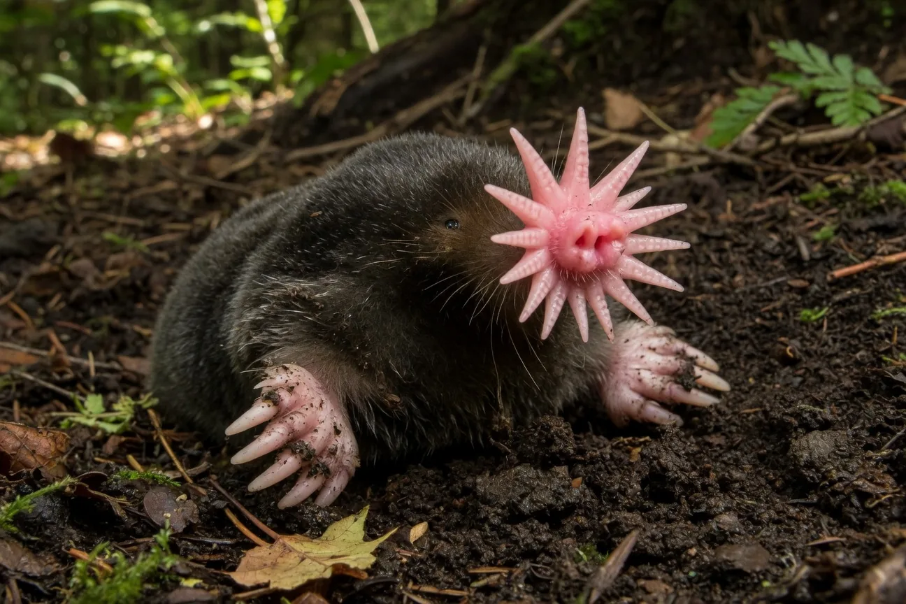 Star-nosed mole with its distinctive 22-pointed pink star nose