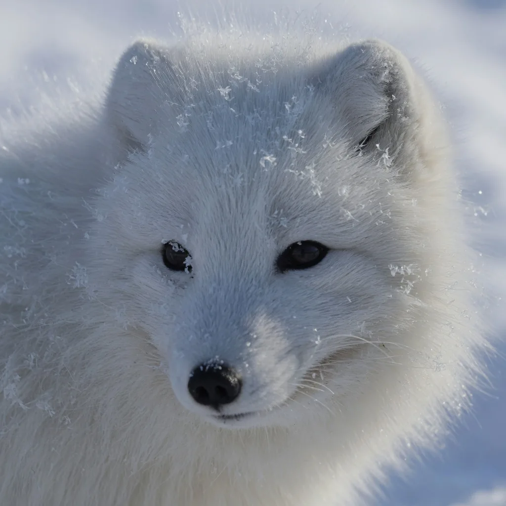 Close-up of an Arctic fox showing its incredibly dense white winter fur and compact rounded body shape