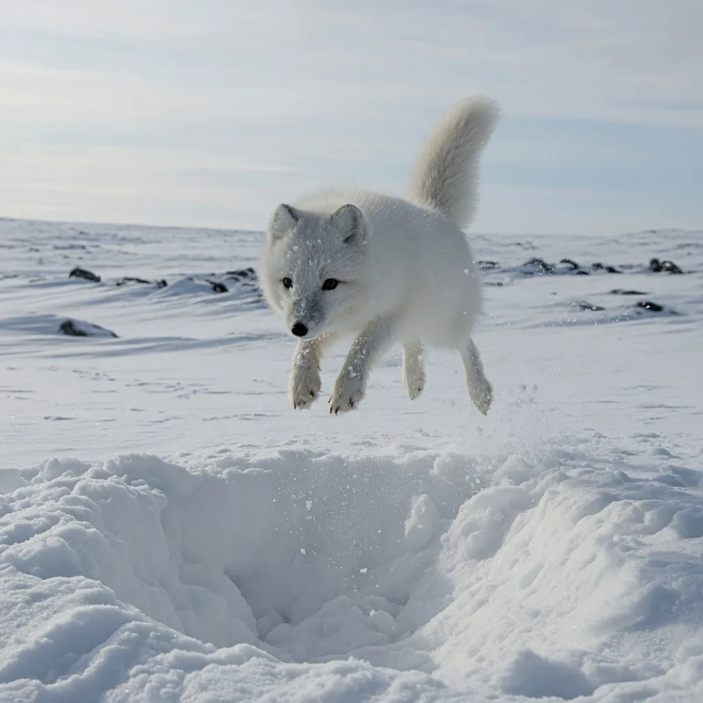 An Arctic fox leaping high in the air in a pouncing dive toward hidden prey beneath the snow