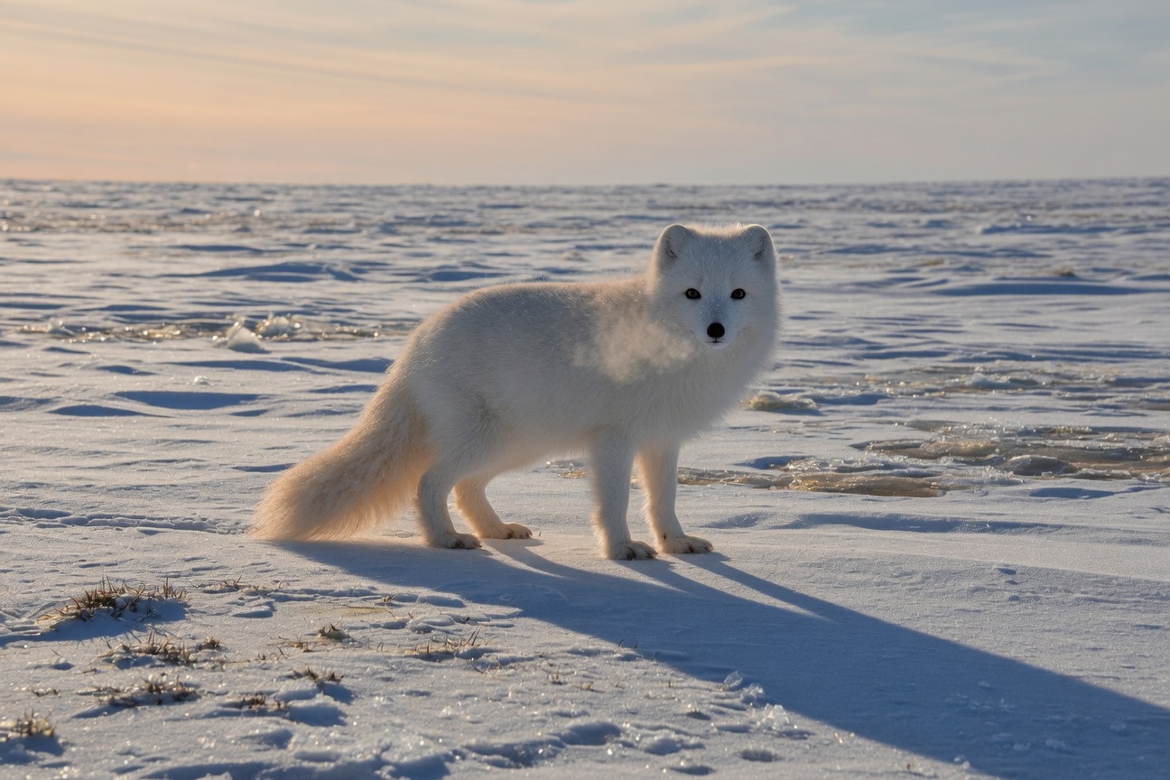 A white Arctic fox stands on a snowy landscape, looking forward with long shadows cast by the sun.