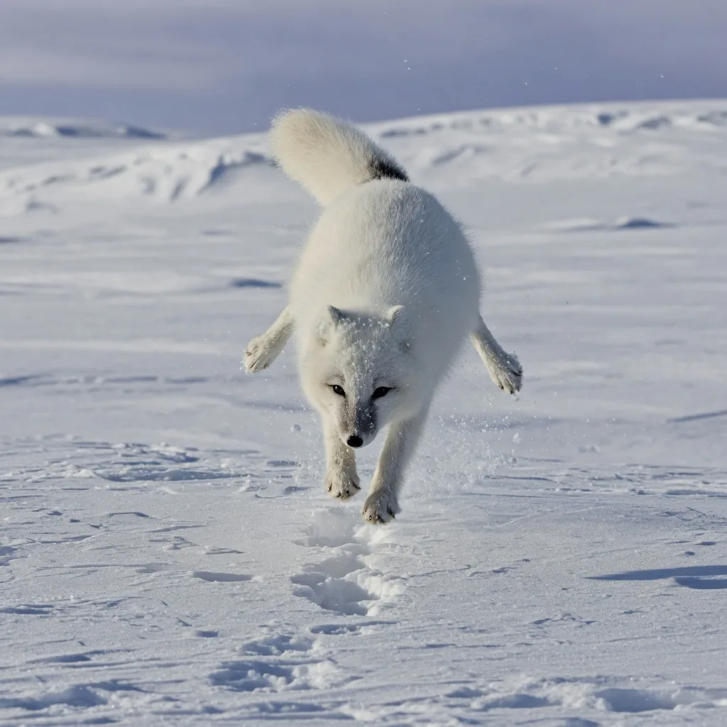 Arctic fox leaping into the air, diving headfirst through snow to catch prey below
