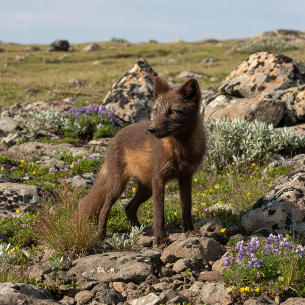 Arctic fox in its summer coat, dark brown and black fur on rocky tundra