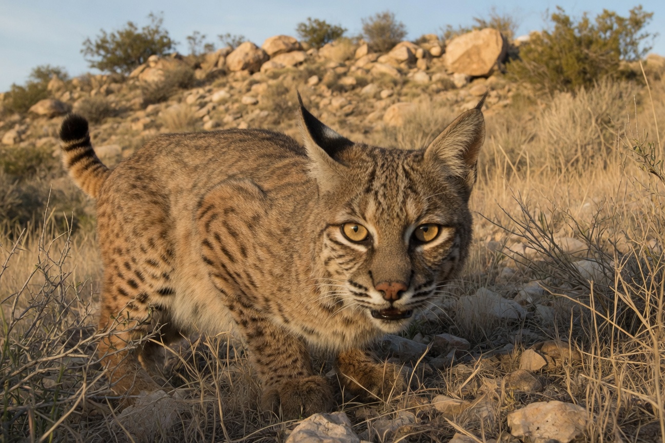 A bobcat stands in dry grass and rocks looking directly at the camera with a rocky hill in the background.