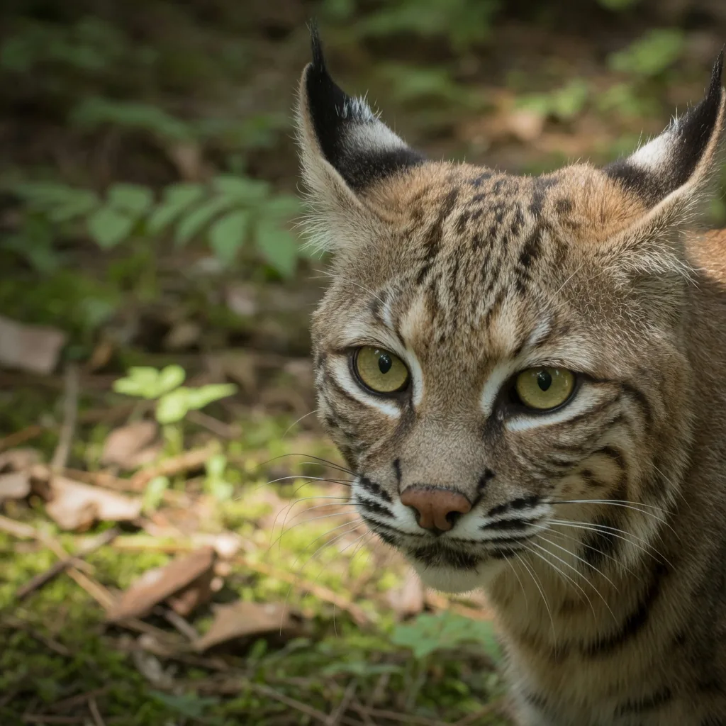 Close-up of a bobcat face showing tufted ears with white spots on the back, and spotted coat.