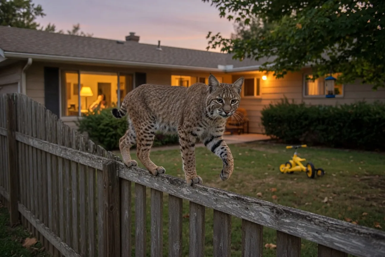 A bobcat near a suburban fence line at dusk, illustrating how wild cats can appear at the edges of neighborhoods.