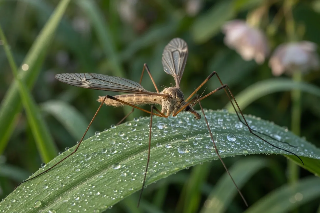 A crane fly resting on a green leaf, showing its long slender legs and delicate wings