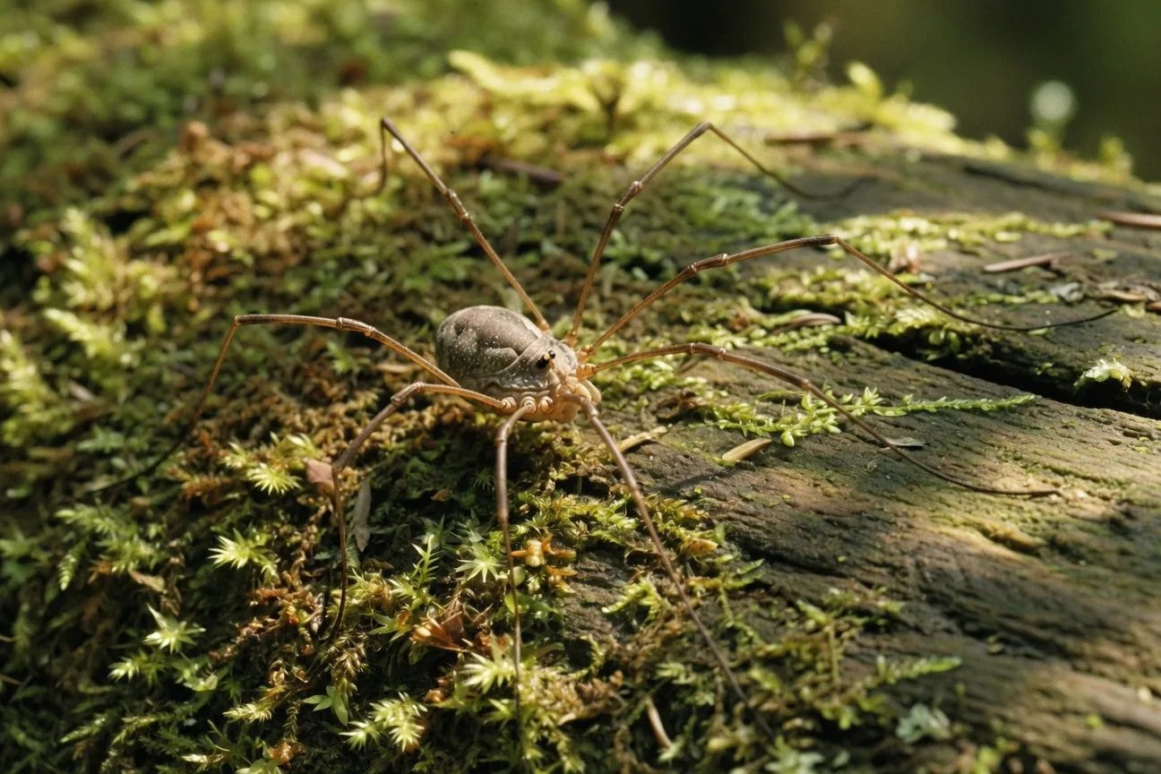 A harvestman (Opiliones) on a mossy log, showing its tiny oval body and extremely long slender legs