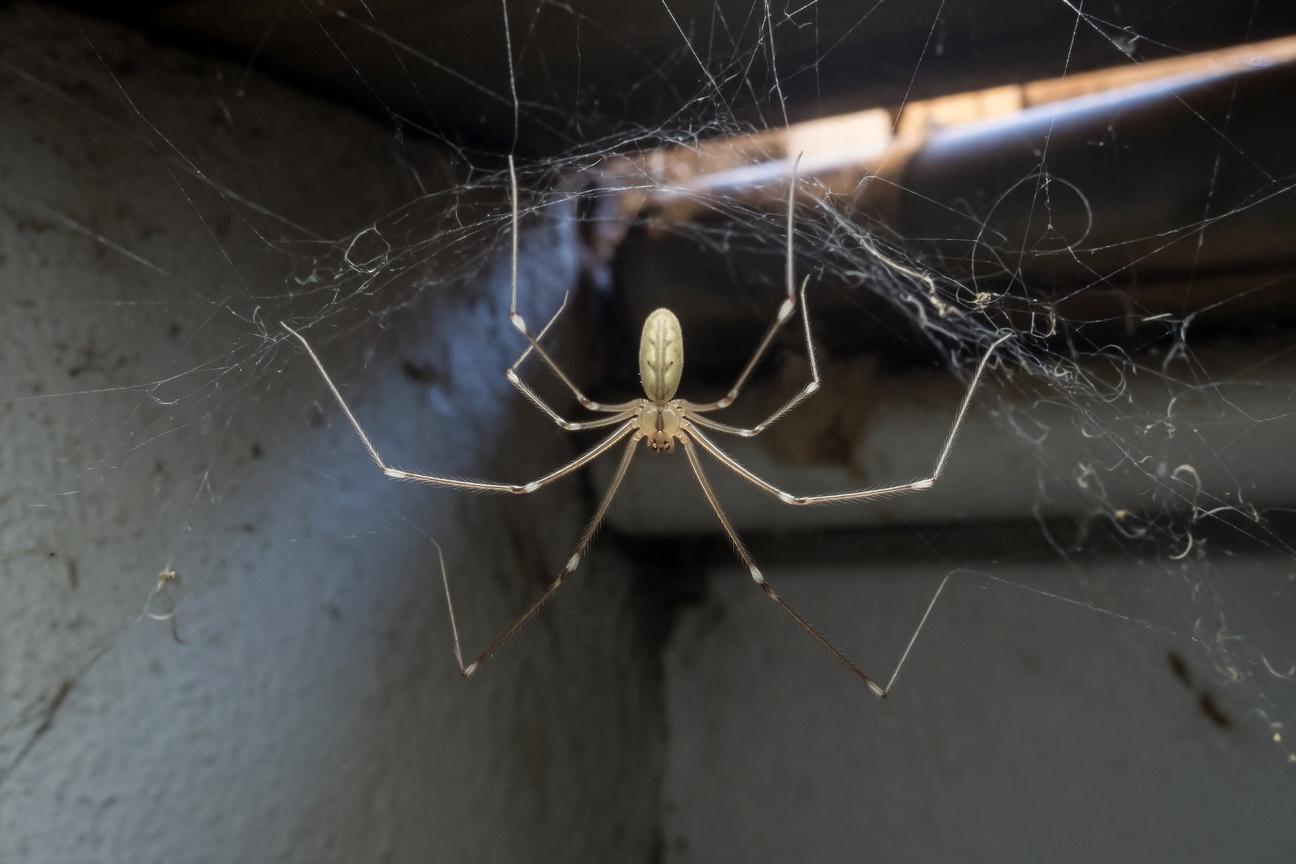 A daddy longlegs spider hangs upside down in a web in a corner.