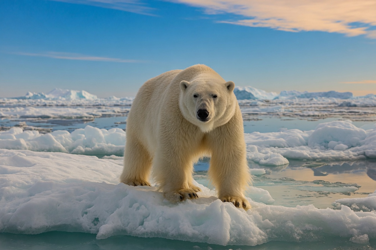 A polar bear stands on sea ice looking forward with a backdrop of blue sky and distant icebergs.