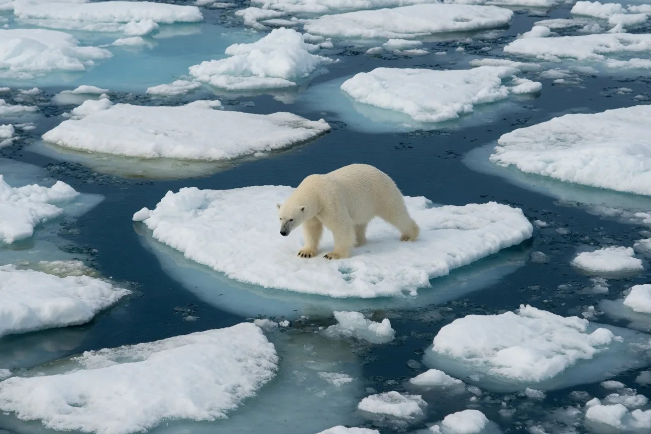 Aerial view of Arctic sea ice breaking apart in summer, showing the fragmented floes polar bears must cross