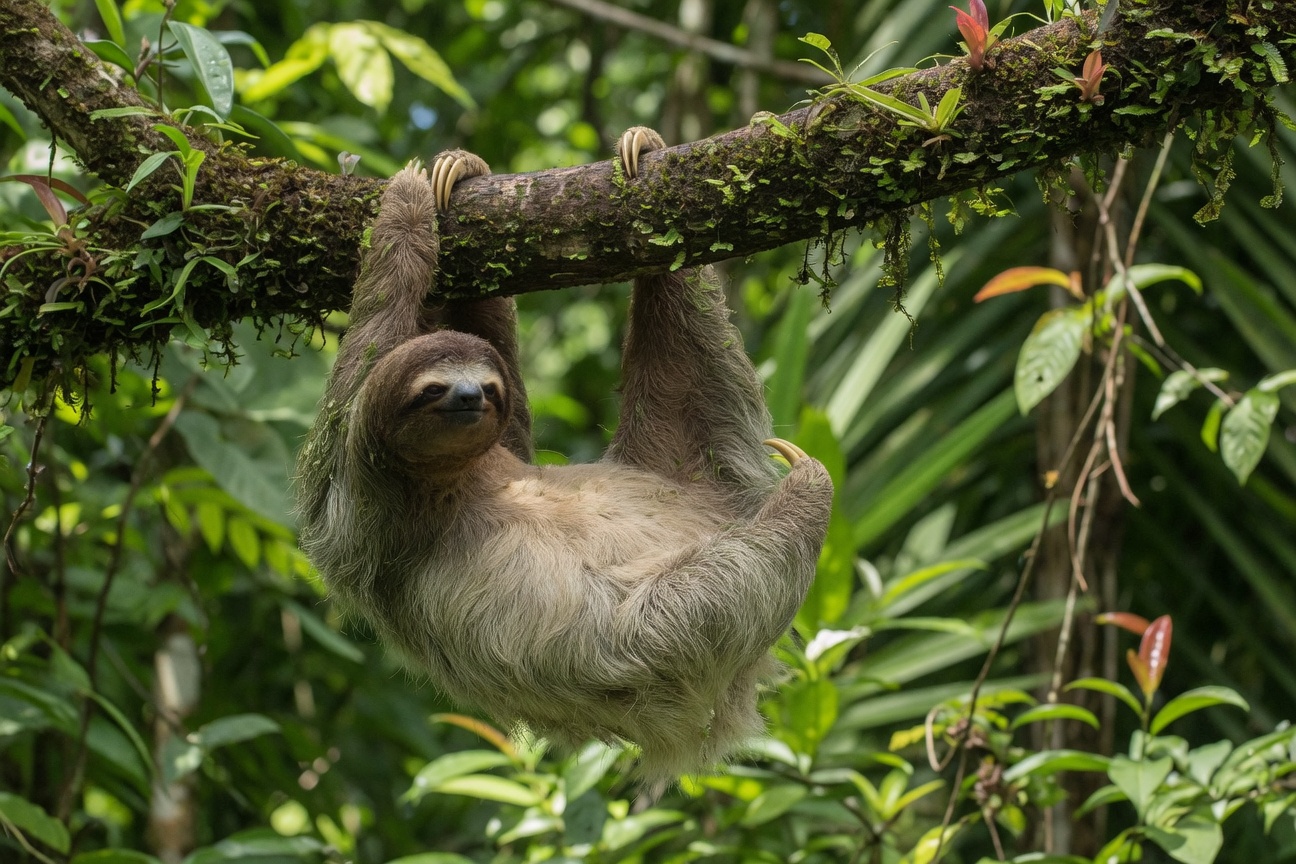 A sloth hangs upside down from a moss-covered branch in a lush green forest.