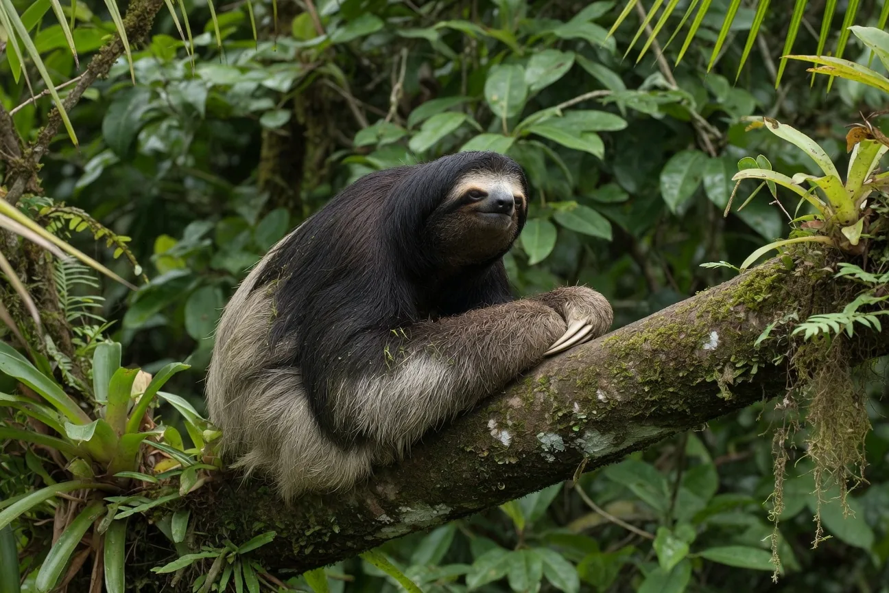 A maned three-toed sloth with a long black mane of fur down its neck, resting on a branch in the Brazilian Atlantic forest.