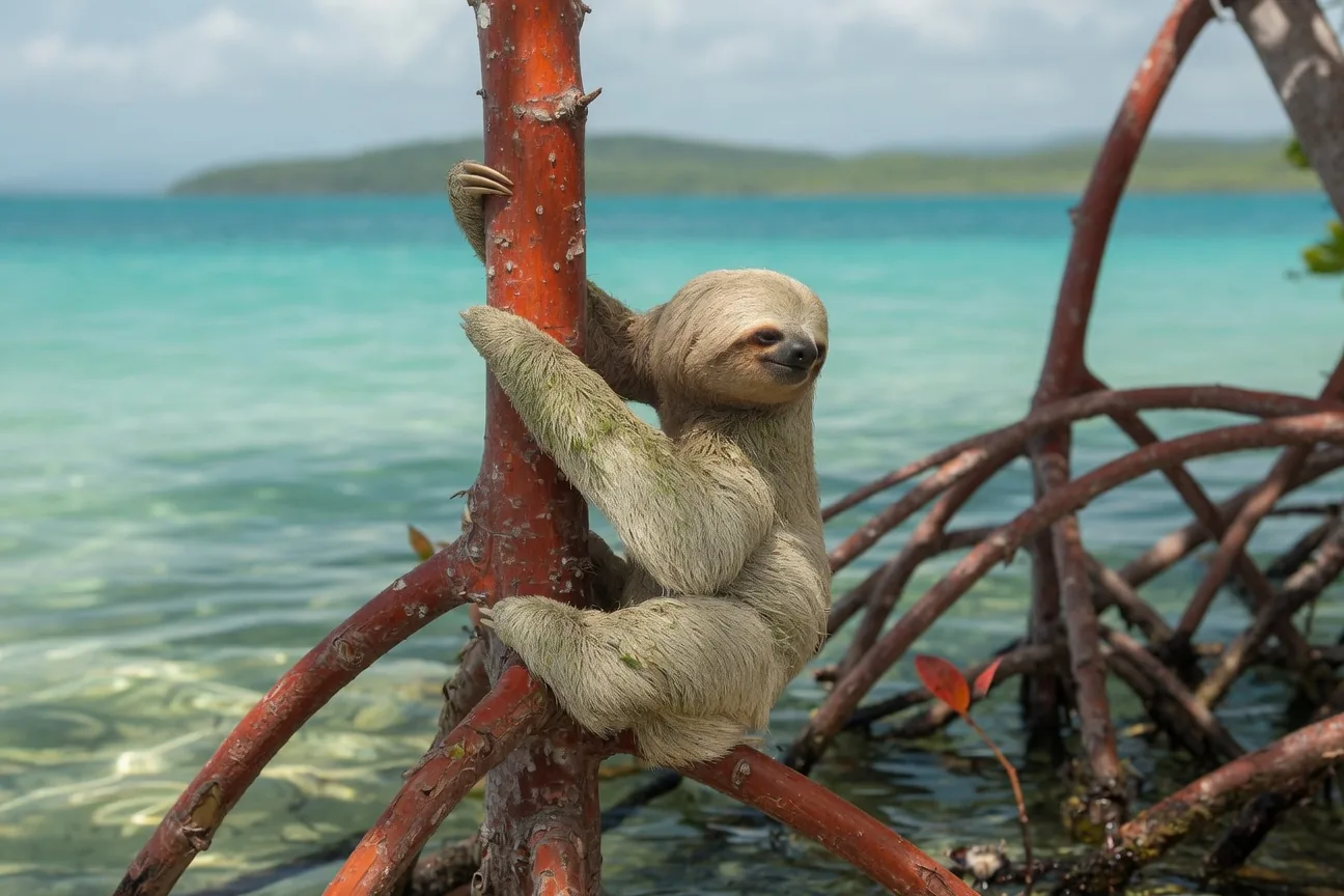A tiny pale pygmy three-toed sloth clinging to a red mangrove stem above turquoise water off Panama.