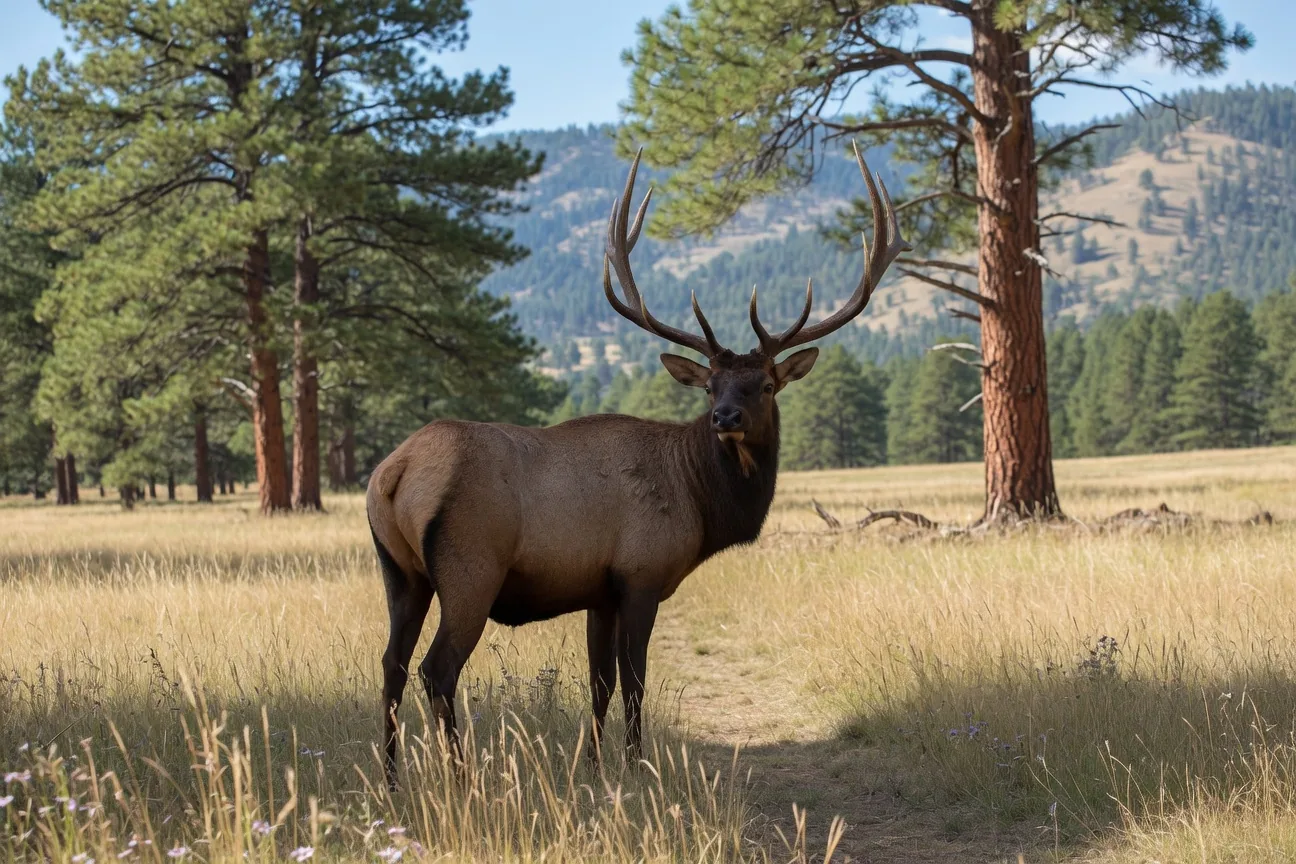 A bull elk with massive antlers standing in a golden meadow in Arizona's White Mountains