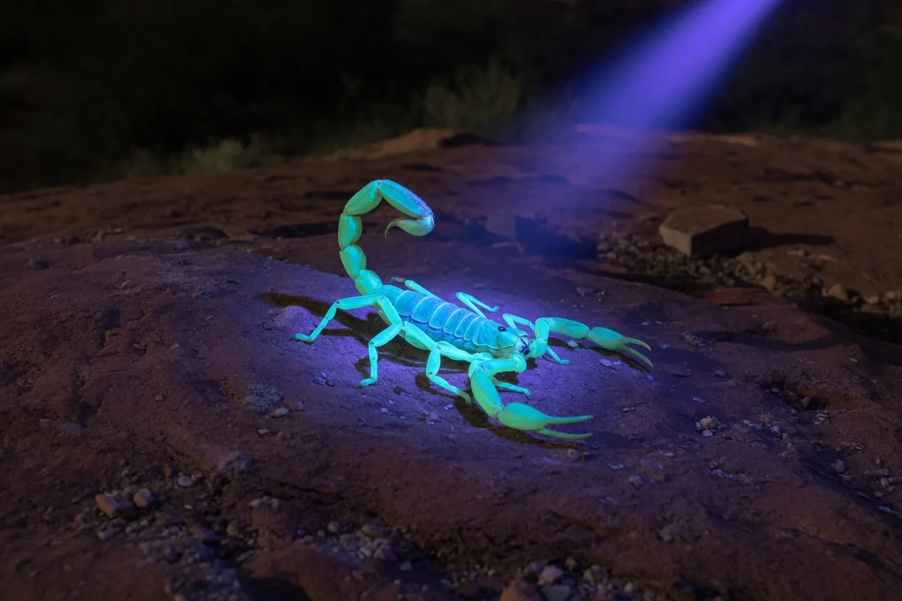 An Arizona bark scorpion glowing under ultraviolet light on a sandstone rock at night