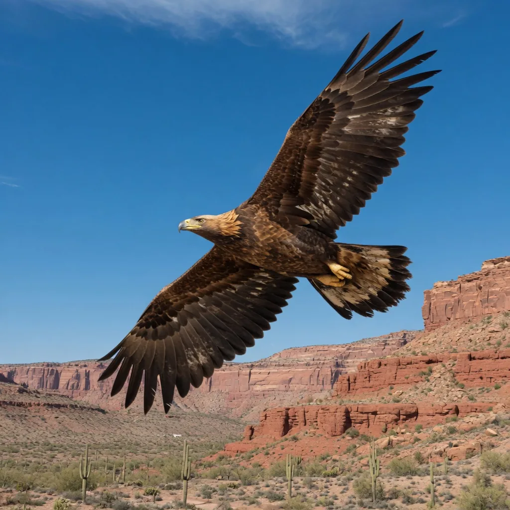 American Golden Eagle soaring over the Arizona desert with wings fully extended