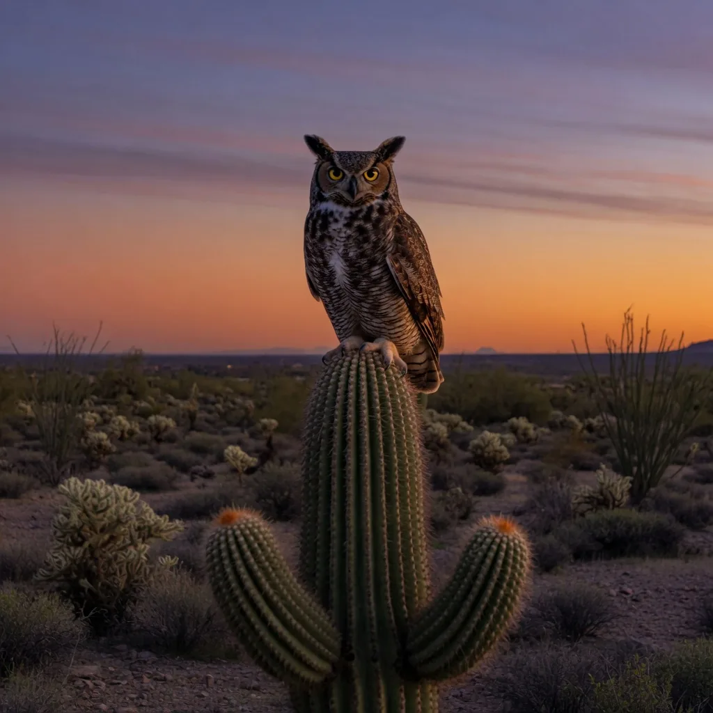 Great Horned Owl perched on a saguaro cactus at dusk in the Arizona desert