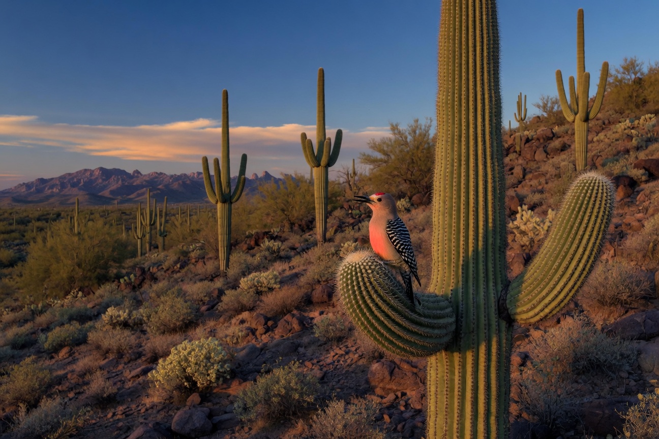 A Gila Woodpecker perches on a Saguaro cactus arm with desert mountains in the background at sunset.