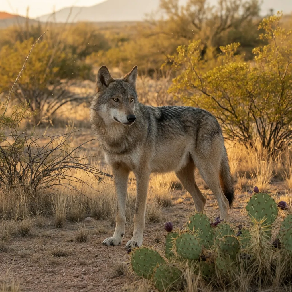 Mexican gray wolf standing alert in Sonoran Desert scrubland