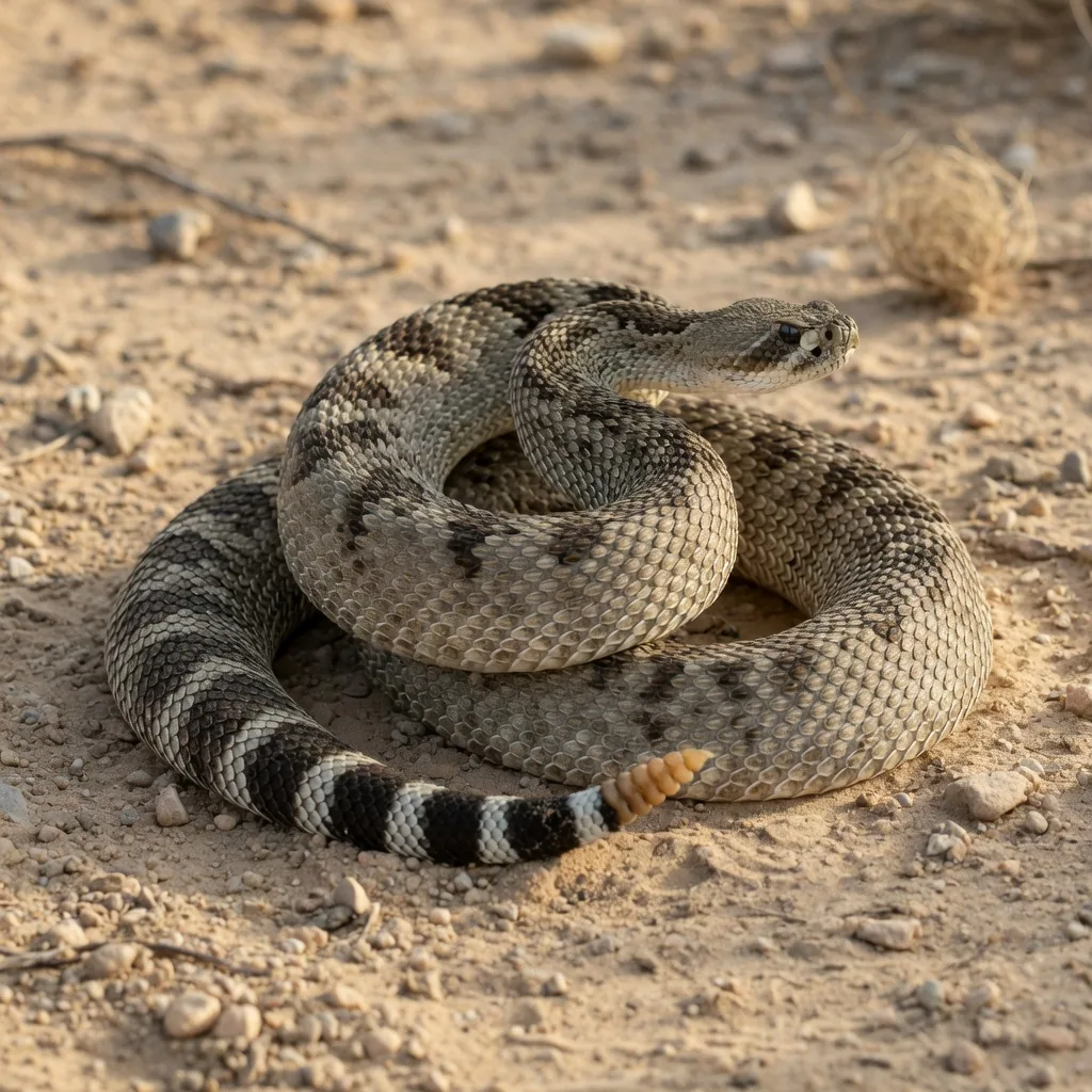 Western diamondback rattlesnake coiled on sandy desert soil with rattles visible