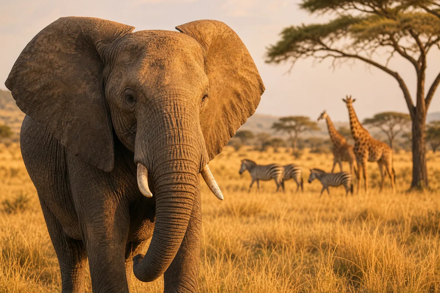 An African elephant stands in the foreground while zebras and giraffes stand in the golden savanna background.